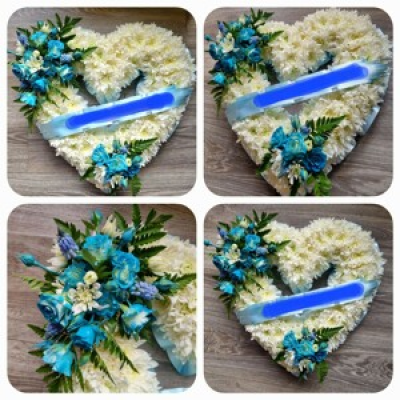 Heart tribute - Based open heart tribute can be made in any colour, ribbon or foilage edging. Ribbon lettering extra.