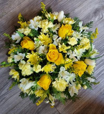 Posy tribute - Lovely posy in yellows and white, flowers may include roses, gerbera, chrysanths   carnations but will vary depending on availability.