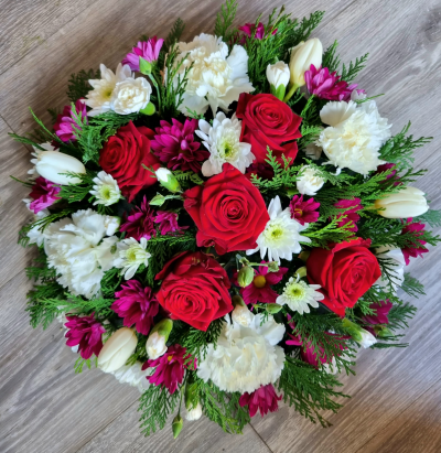 Posy tribute - Vibrant posy in reds, purples and white